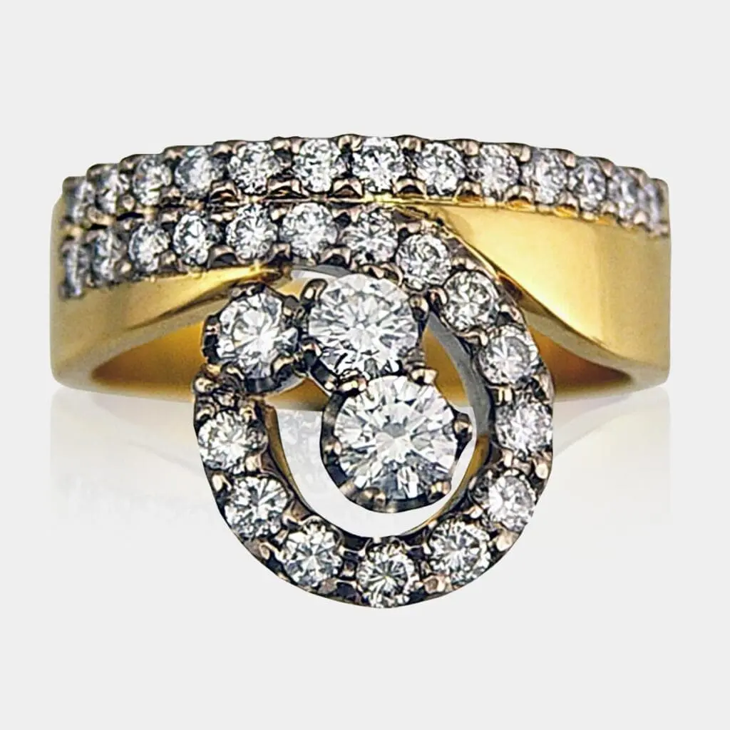 Swirl diamond engagement ring set in yellow and white gold.
