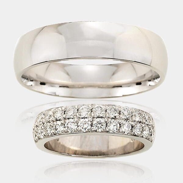 Jess & David Matching Half Round Wedding Rings with Round Brilliant Cut Diamonds