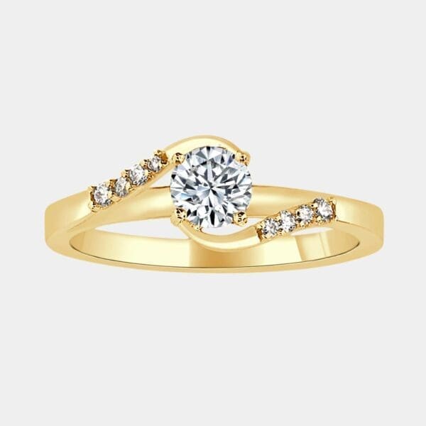 18ct yellow gold engagement ring with round brilliant cut diamond and small round diamonds in twisted, cross-over band.