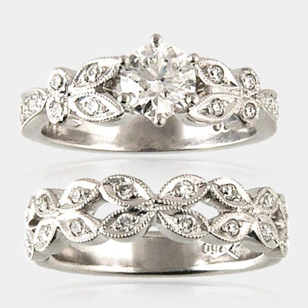 Luke and Clare Marquise Shape Diamond Engagement Wedding Ring Set with Milgrain