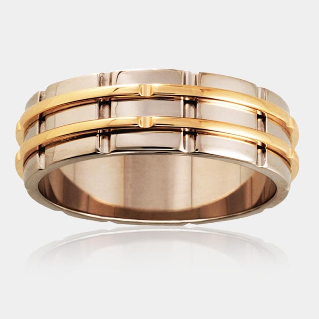Adrien Two Tone Gold Wedding Ring With Vertical Grooves