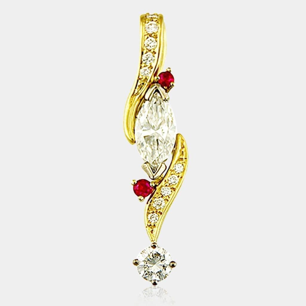 Jackie and Geoff Designer Pendant with Marquise Shape Diamond and Rubies
