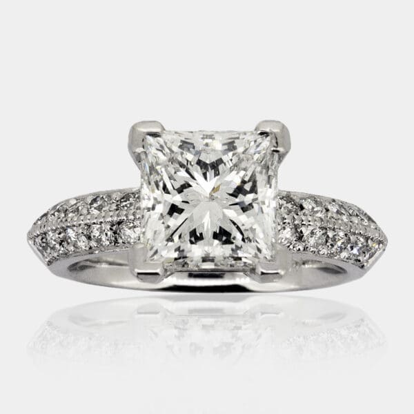 Princess Cut Diamond Engagement Ring with Bead Set Millgraine Band