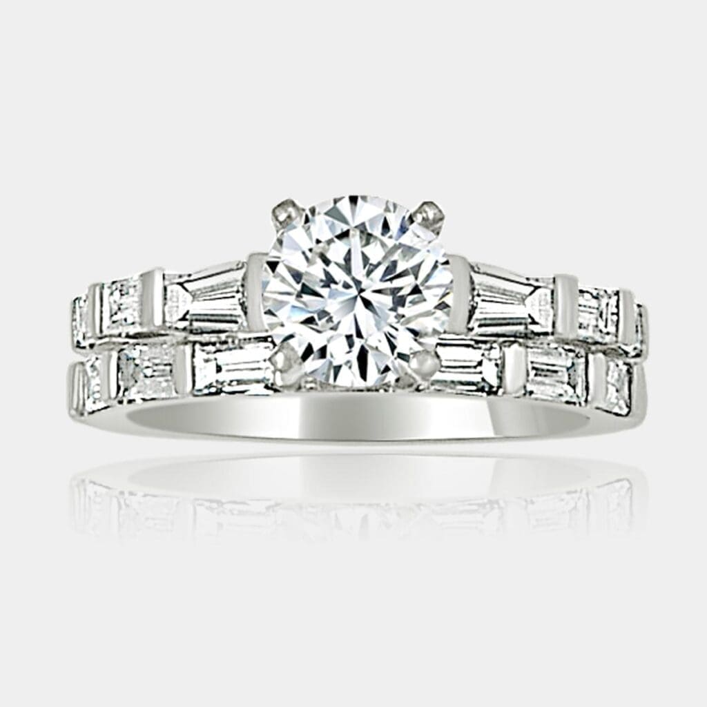 Round Cut Diamond Engagement Ring and Baguette Cut Wedding Ring