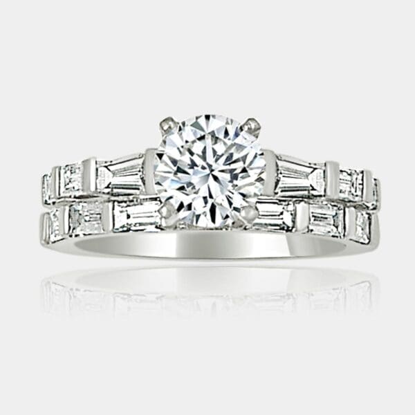 Round Cut Diamond Engagement Ring and Baguette Cut Wedding Ring