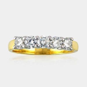 Five 5 stone ring in two-tone white and yellow gold featuring round brilliant cut diamonds in a row.