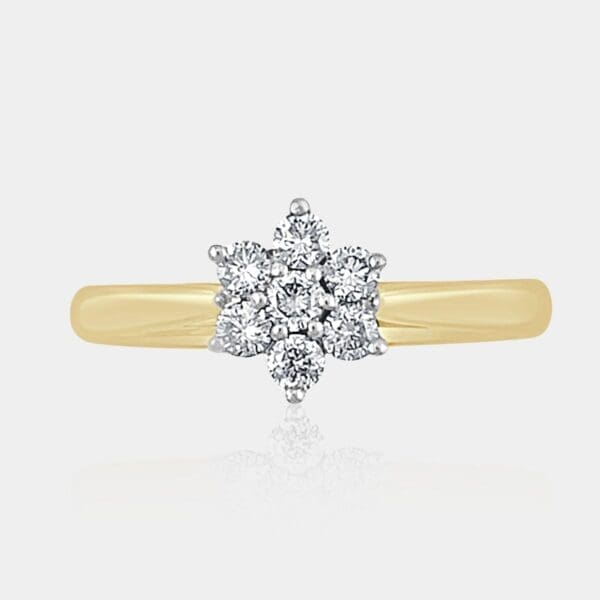 Diamond Cluster ring with 18ct white gold claw setting and tapered 18ct yellow gold band.