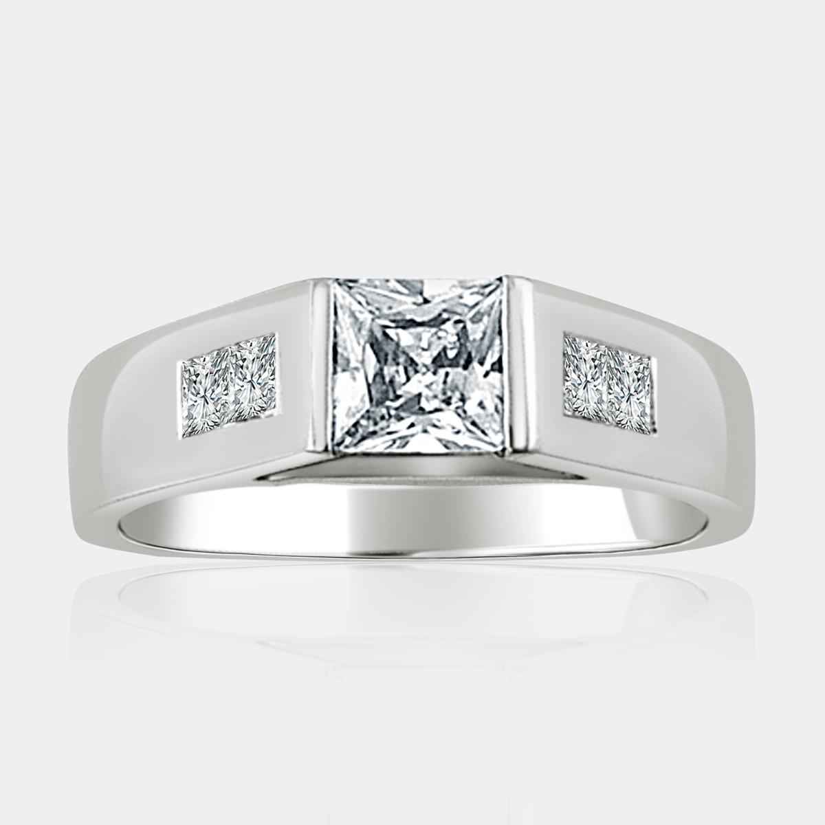 0.70 carat Princess cut diamond ring with princess cut diamond in the shoulders and square based band.