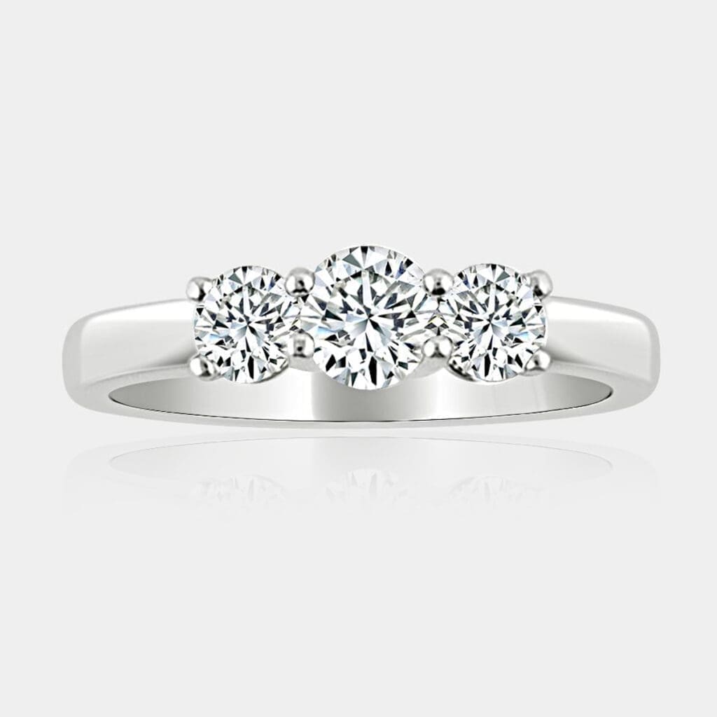 3 stone Round brilliant cut diamond ring in 18ct white gold.