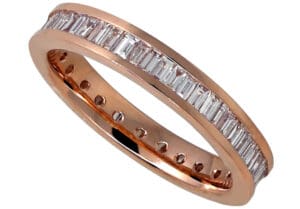 Rose gold eternity ring with baguette diamonds